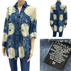 Thrill Acid Wash Distressed Denim Roll Tab Sleeve Button Up Pocket Shirt Medium